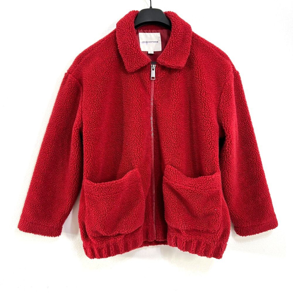American Eagle Womens Large Fleece Teddy Jacket  Red Full-Zip Pouch Pockets Cozy